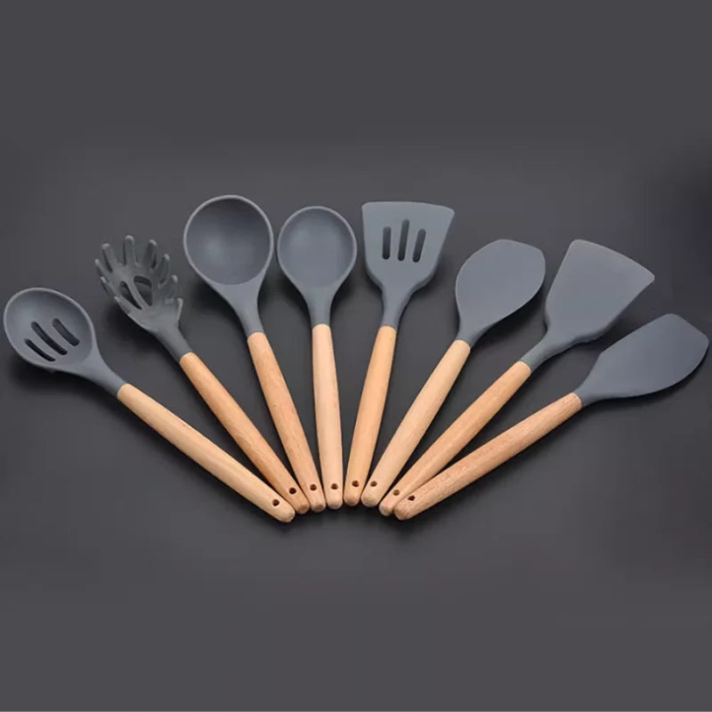 KIT de Cozinha Conjunto com 12 peças Jogo de Utensilios Culinários Cabo de Madeira Antiaderente Envio Rápido para todo Brasil