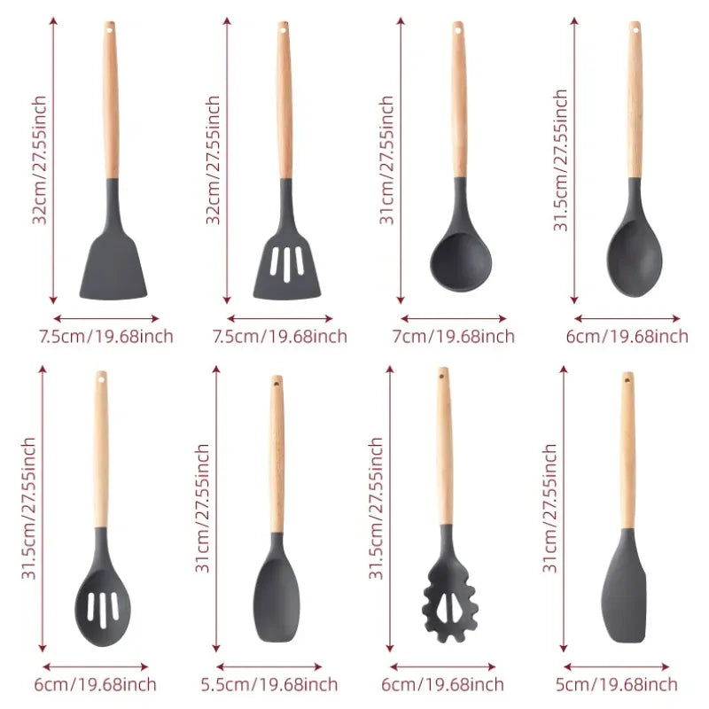 KIT de Cozinha Conjunto com 12 peças Jogo de Utensilios Culinários Cabo de Madeira Antiaderente Envio Rápido para todo Brasil