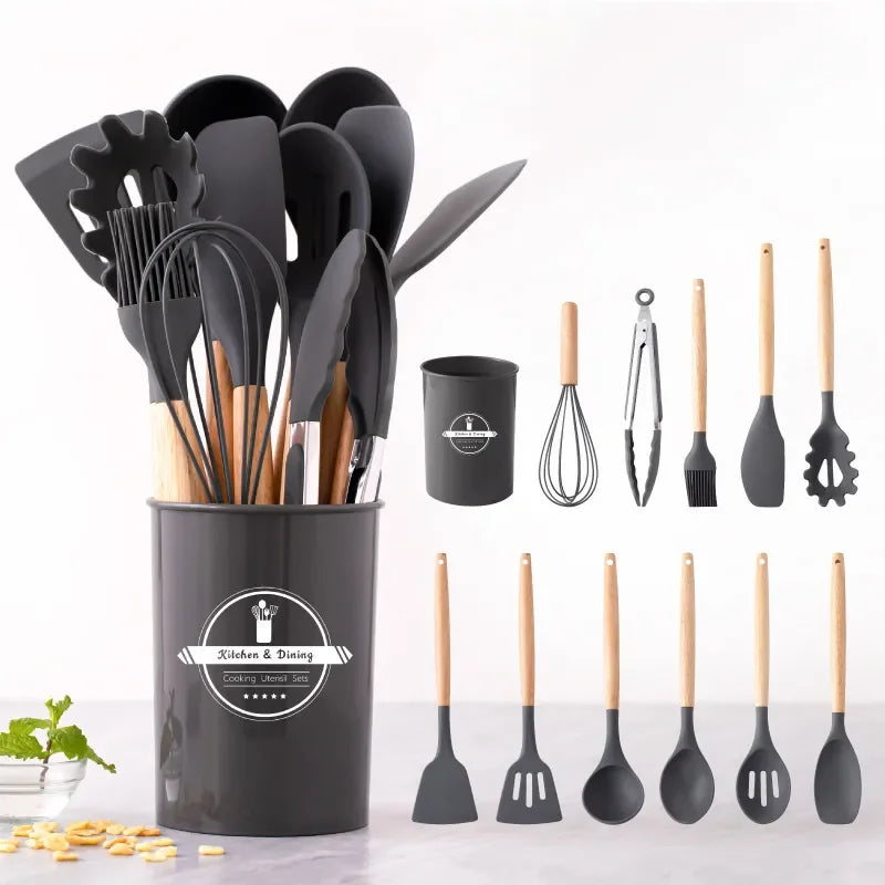 KIT de Cozinha Conjunto com 12 peças Jogo de Utensilios Culinários Cabo de Madeira Antiaderente Envio Rápido para todo Brasil