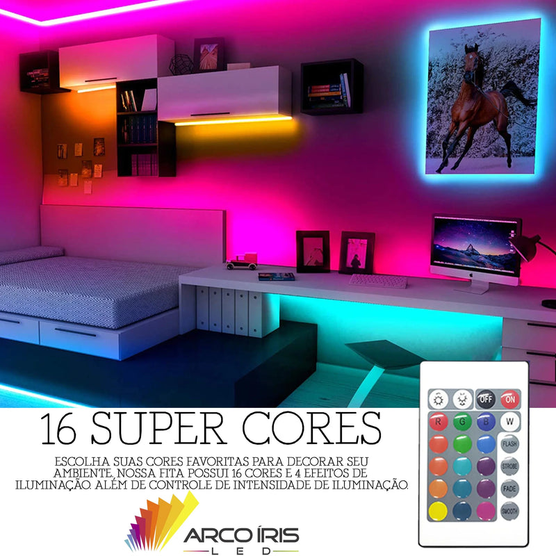 Fita led colorida 5mt 5050 rgb 16 cores + fonte + controle 12v econômica pronta entrega-arco iris led