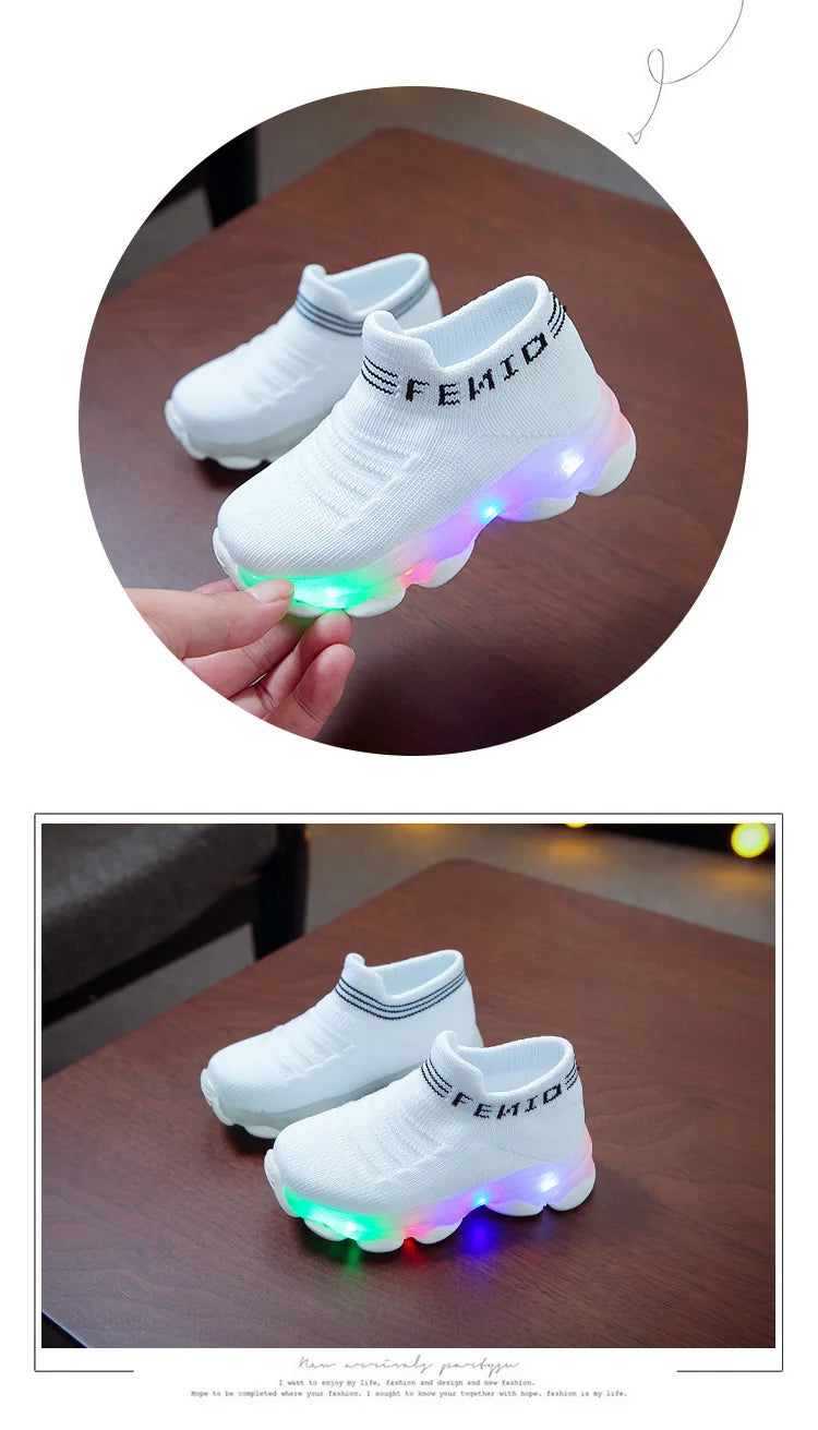 Sneakers crianças, bebê meninas e meninos com led