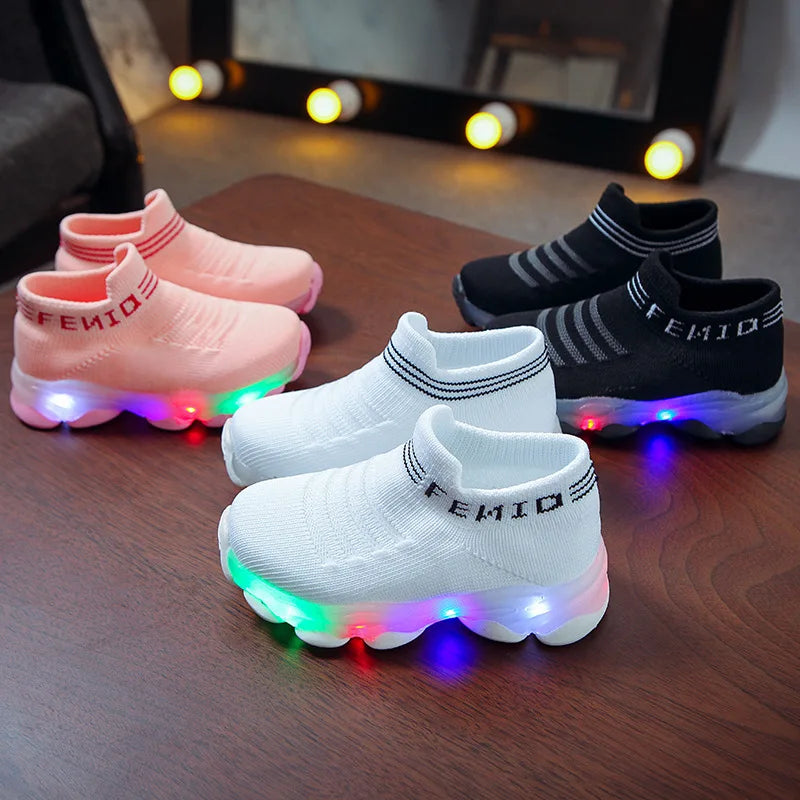 Sneakers crianças, bebê meninas e meninos com led