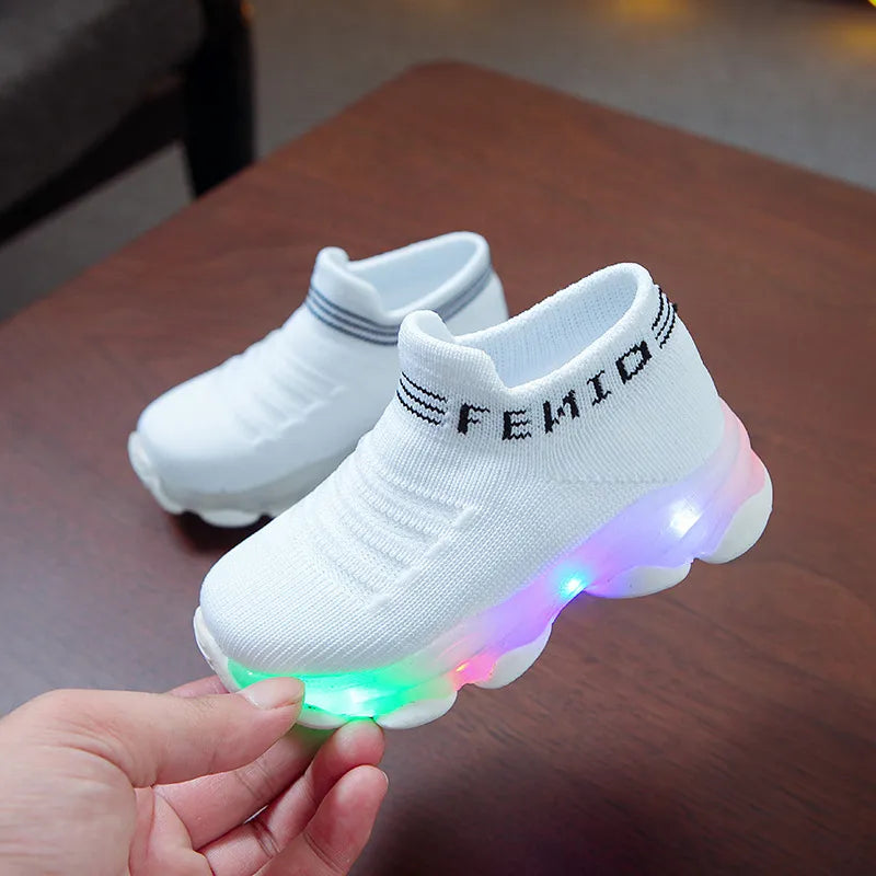 Sneakers crianças, bebê meninas e meninos com led