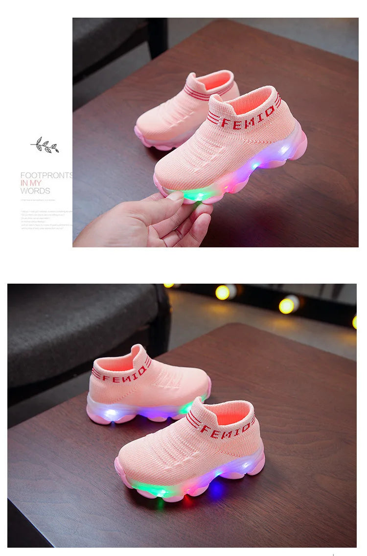 Sneakers crianças, bebê meninas e meninos com led