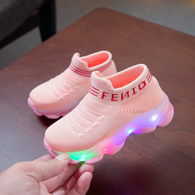 Sneakers crianças, bebê meninas e meninos com led