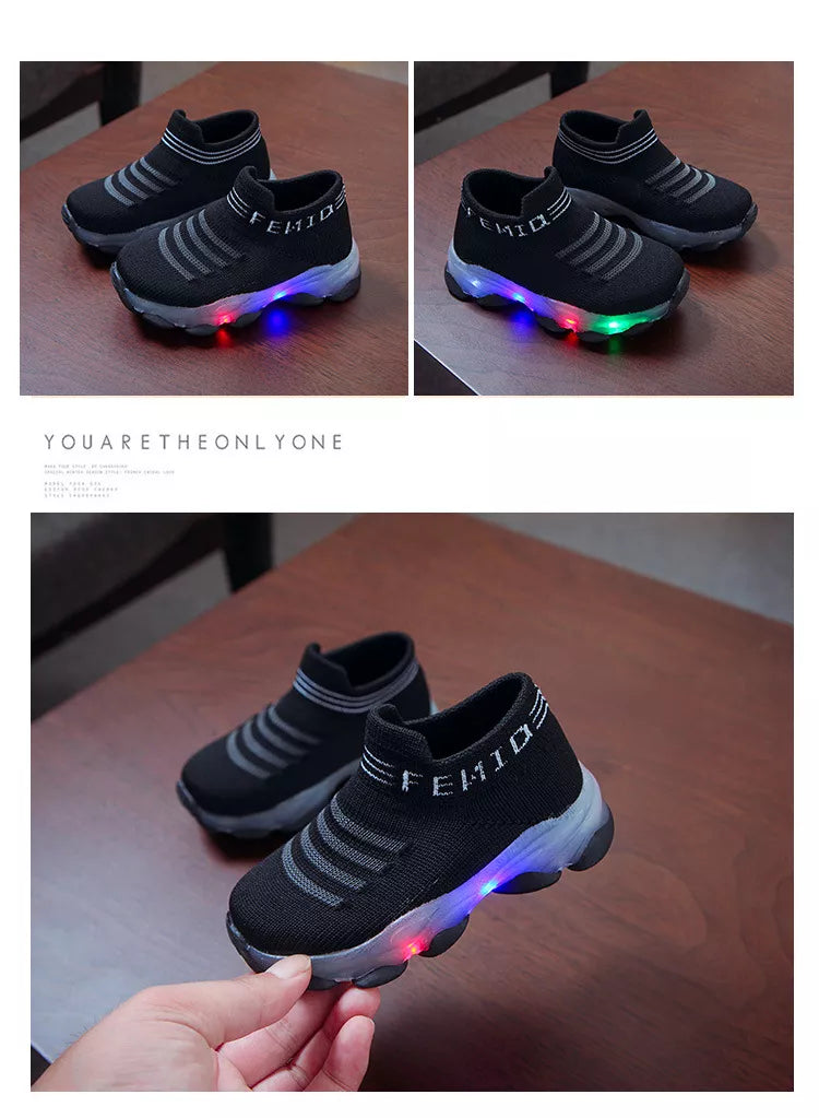 Sneakers crianças, bebê meninas e meninos com led