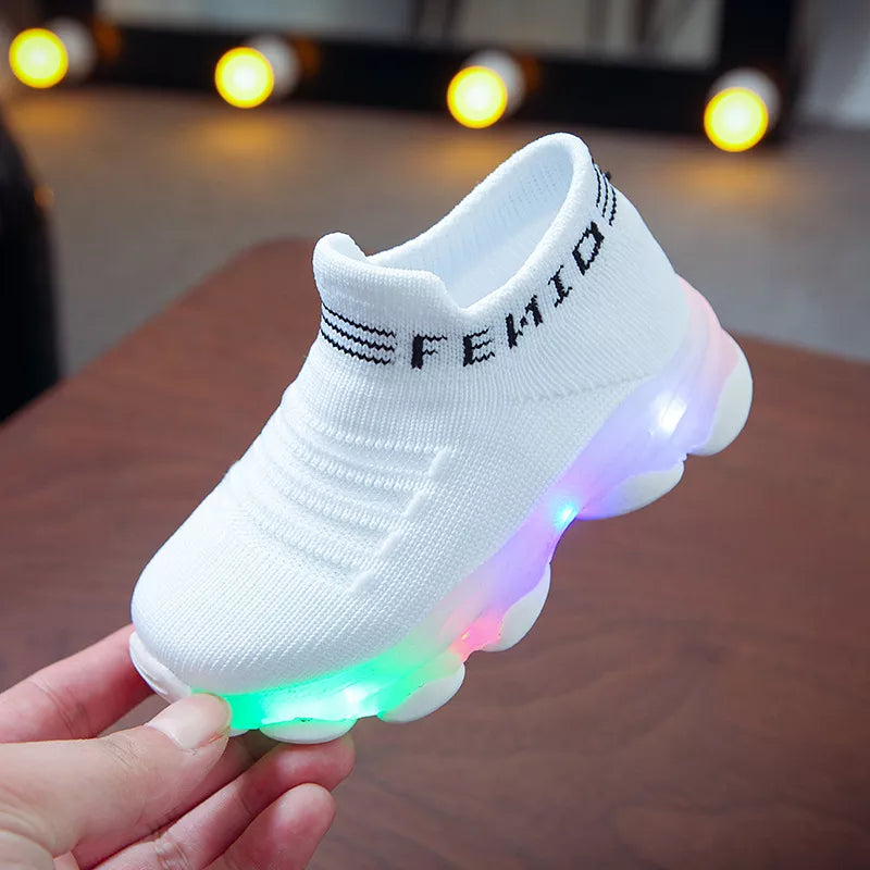 Sneakers crianças, bebê meninas e meninos com led