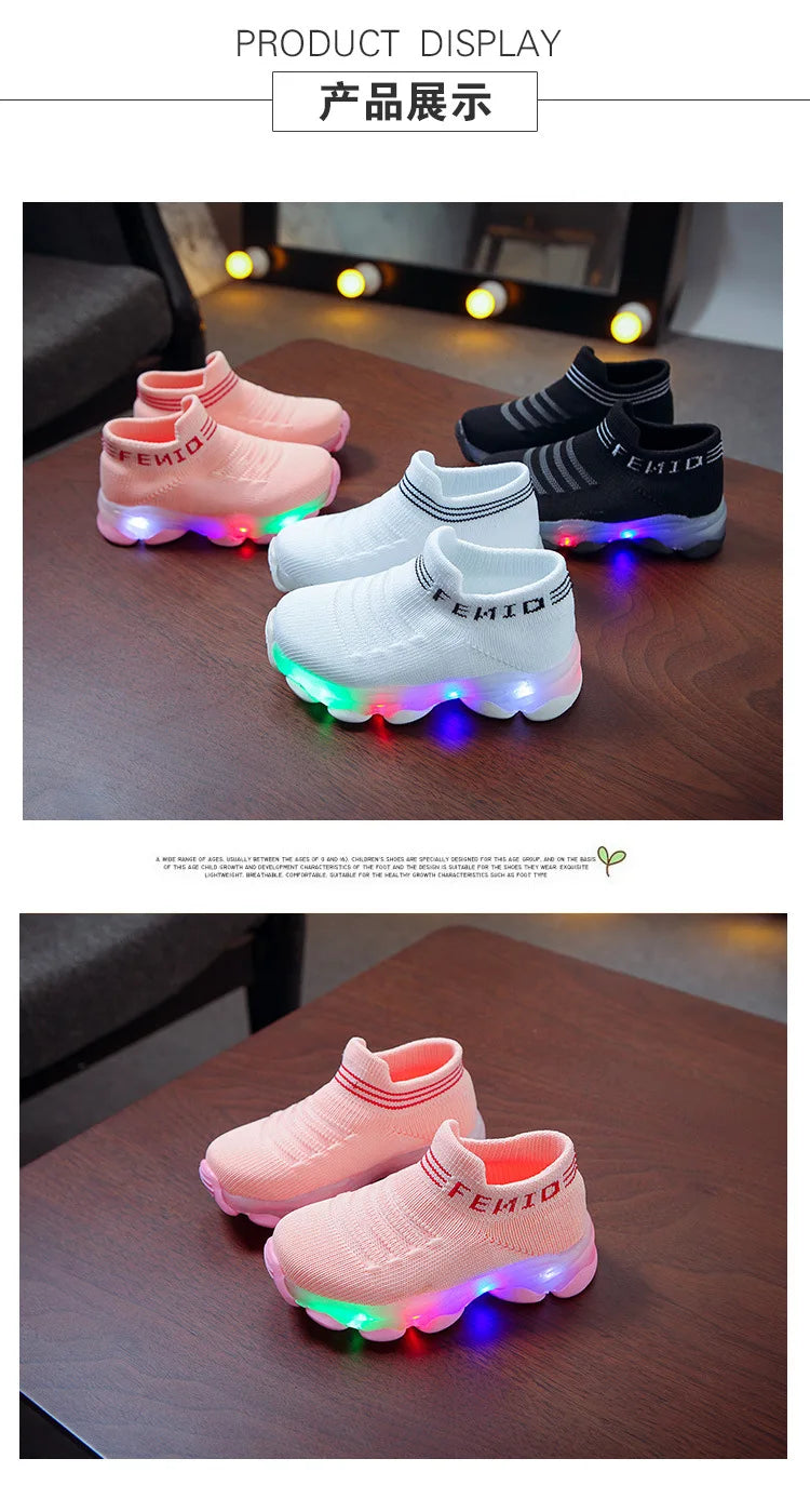 Sneakers crianças, bebê meninas e meninos com led