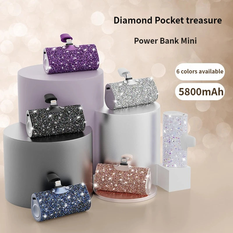 Mini Power Bank  portátil powerbank 5800mah com elementos diamante bateria externa energia de emergência para iphone 13 14 12 11