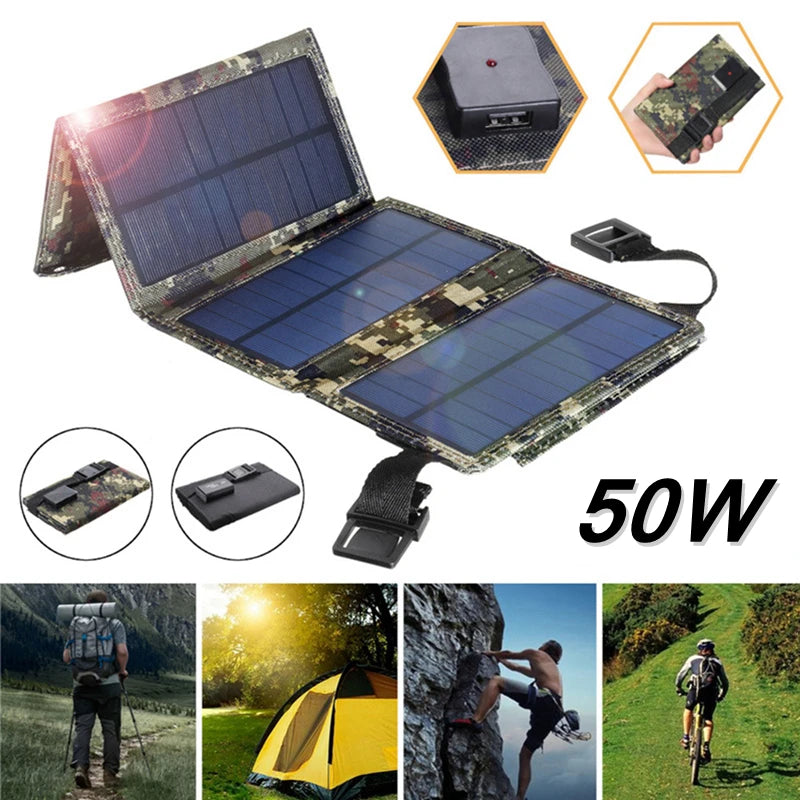 Kit de painel solar dobrável, 50w, 5v, usb, células solares, pacote de banco, placa solar à prova d'água, para acampamento ao ar livre, caminhadas, carregador