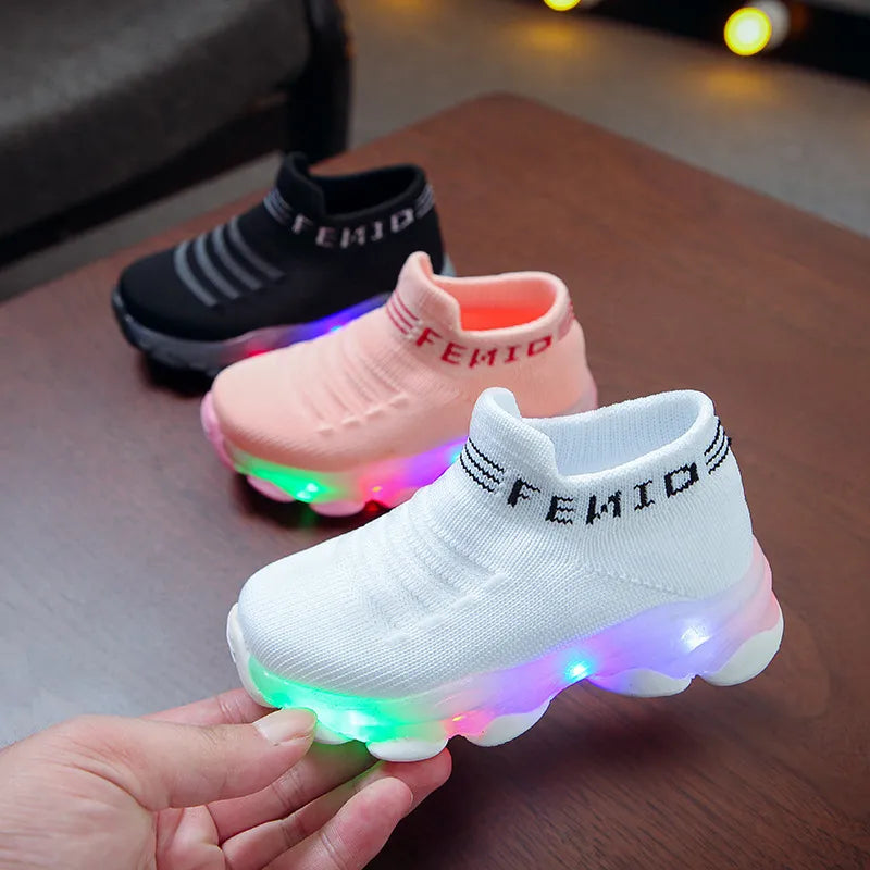 Sneakers crianças, bebê meninas e meninos com led