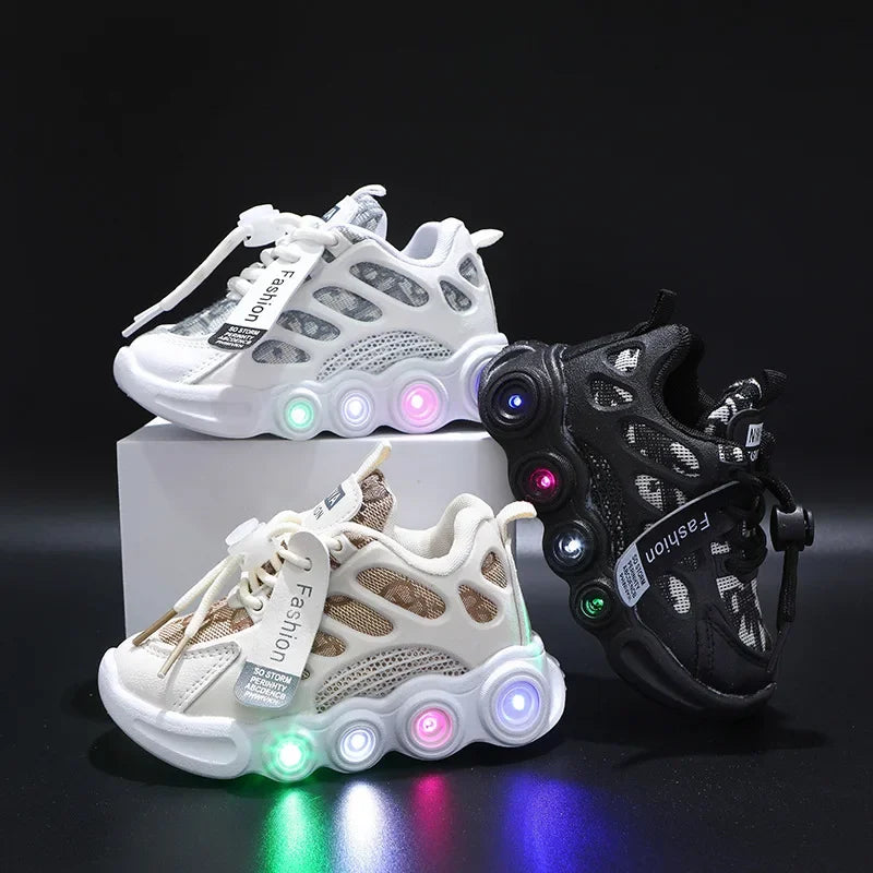 Sneakers crianças moda led luz sapatos carta webbing malha respirável 1-6 anos