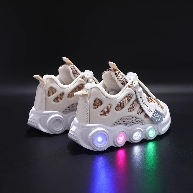 Sneakers crianças moda led luz sapatos carta webbing malha respirável 1-6 anos