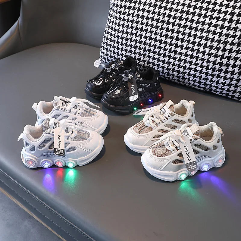 Sneakers crianças moda led luz sapatos carta webbing malha respirável 1-6 anos