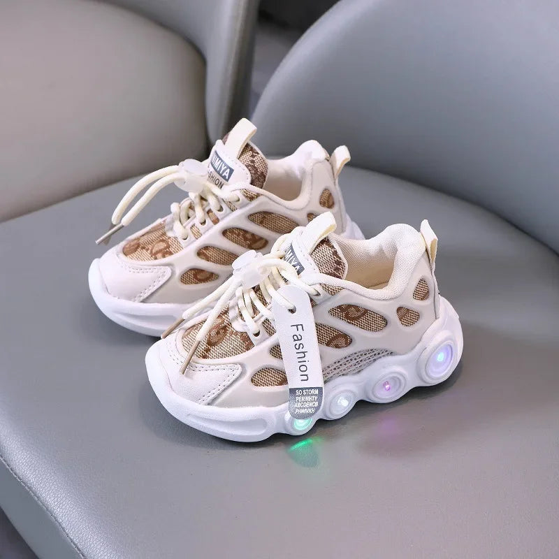 Sneakers crianças moda led luz sapatos carta webbing malha respirável 1-6 anos