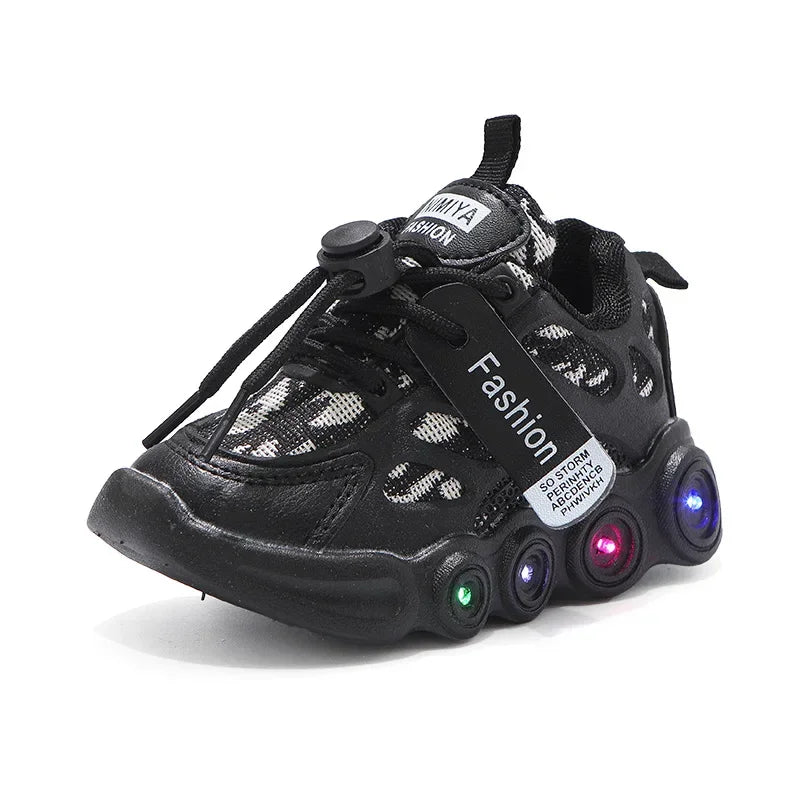 Sneakers crianças moda led luz sapatos carta webbing malha respirável 1-6 anos