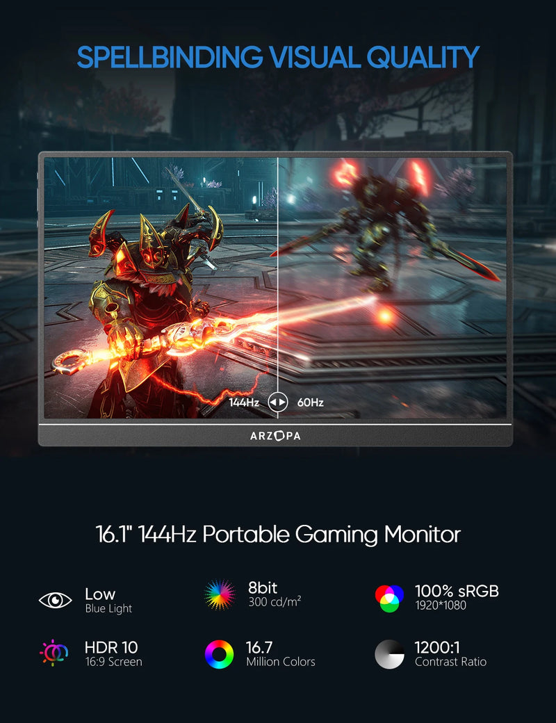 ARZOPA 16.1 ''144hz 100% sRGB 1080P FHD Monitor de jogos portátil 300Cd/m² HDR Segunda tela para Switch, Xbox, PS5, Laptop, Mac Z1FC