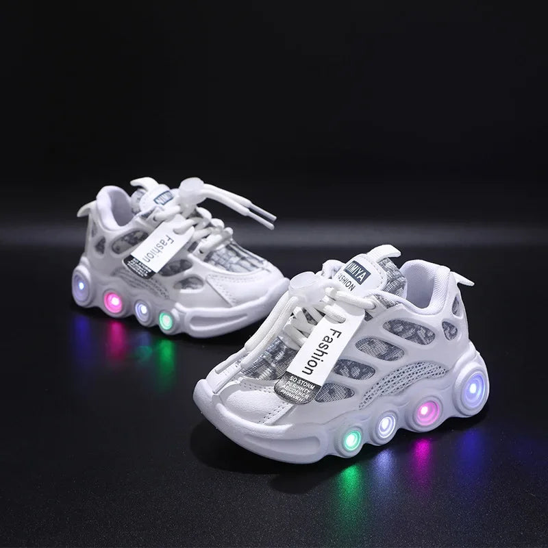 Sneakers crianças moda led luz sapatos carta webbing malha respirável 1-6 anos